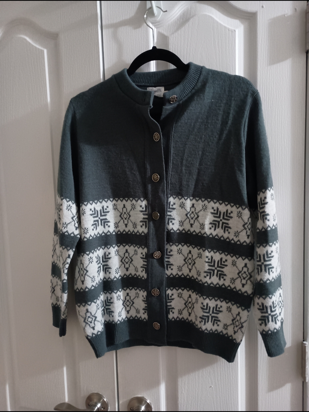 Green and White Nordic Button-Up Cardigan